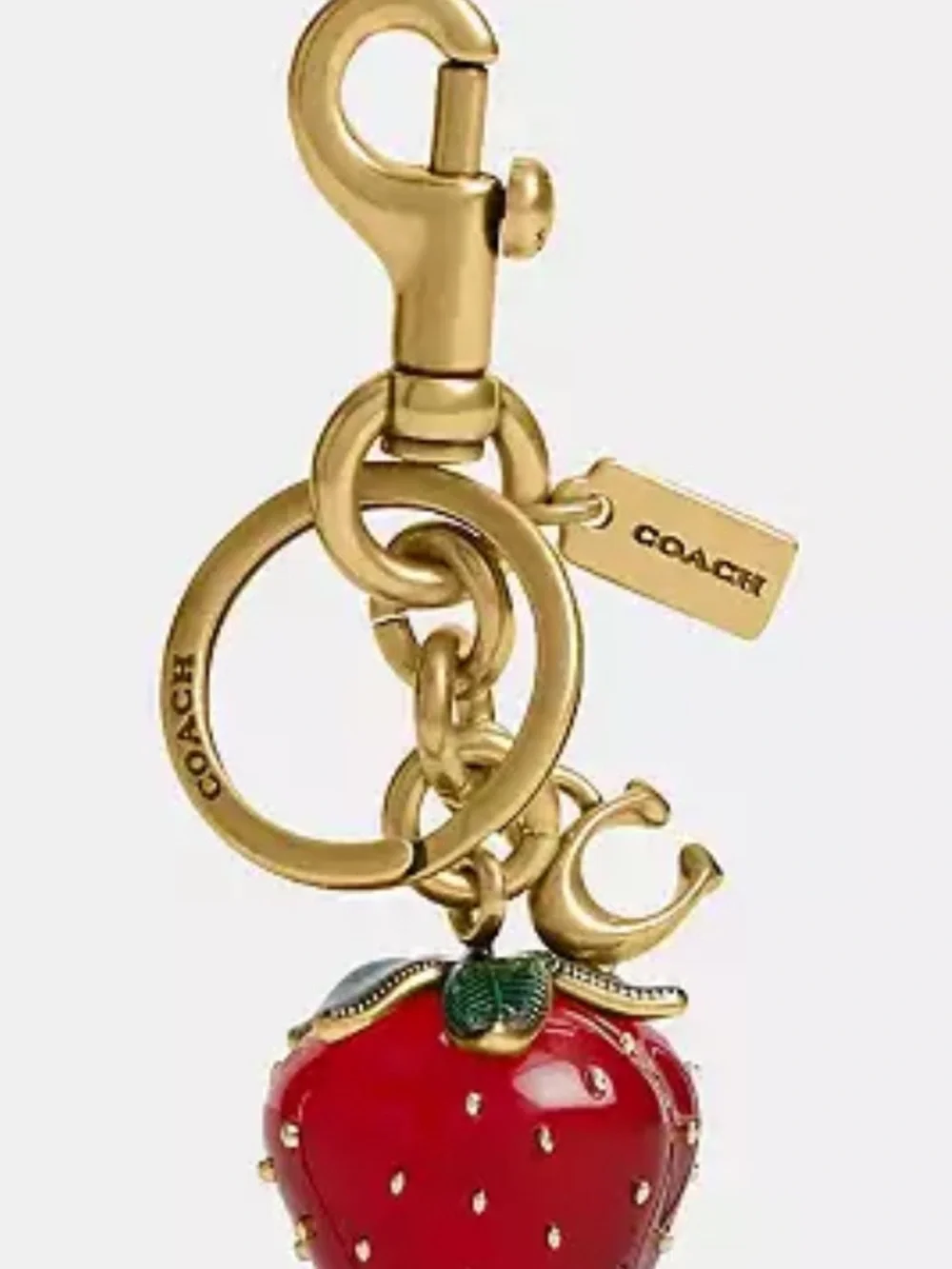 COACH Gold-Tone Strawberry Charm Key Ring with Red Enamel